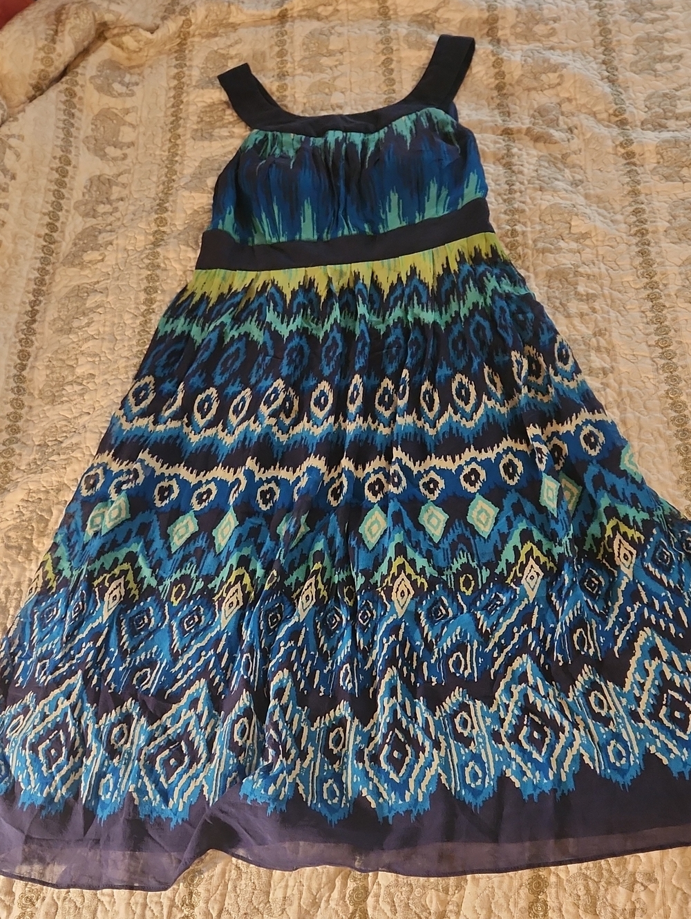 Signature by Sangria Blue & Green Silk Ikat Midi Dress